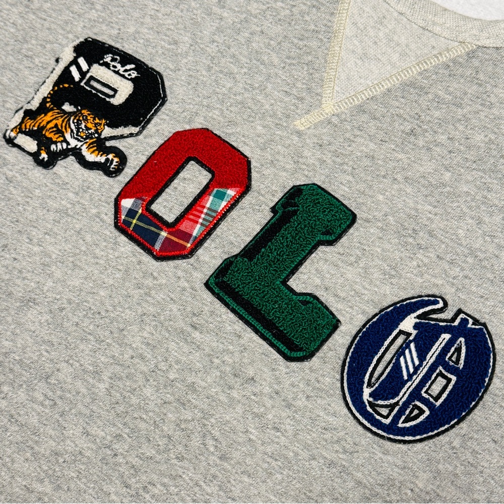 Vintage 90s POLO Chenille Patch Logo Crewneck Sweater - Heather Grey XXL